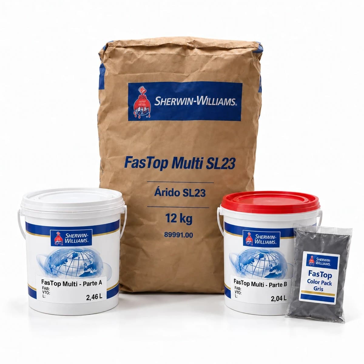 FasTop Multi SL23 Sherwin Williams Gris Medio: Parte A (2,46 L), Parte B (2,04 L), árido SL23 (12 kg) y color pack Gris Medio (0,3 kg)