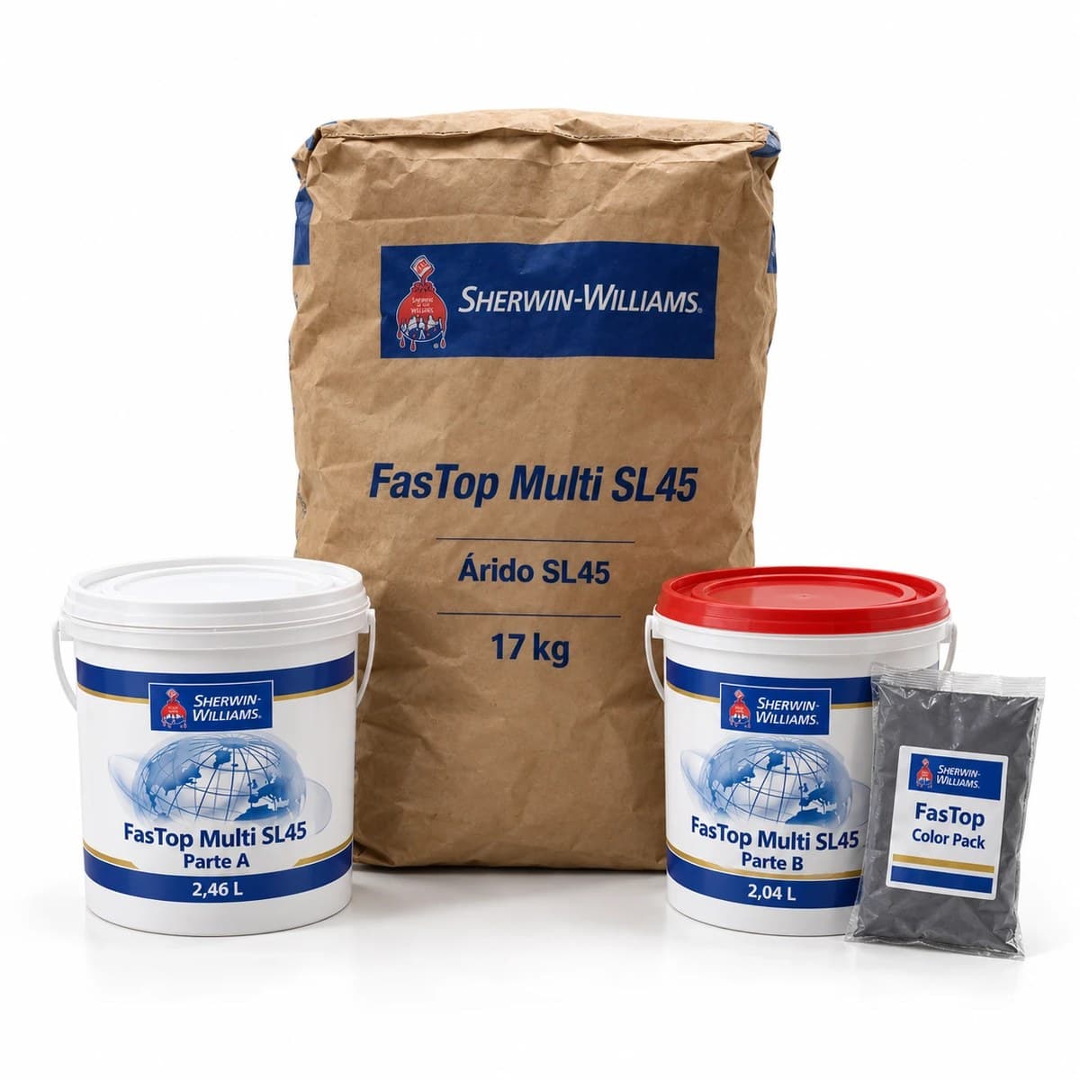 FasTop Multi SL45 Sherwin Williams Gris Medio: Parte A 2,46 L, Parte B 2,04 L, árido SL45 17 kg y color pack